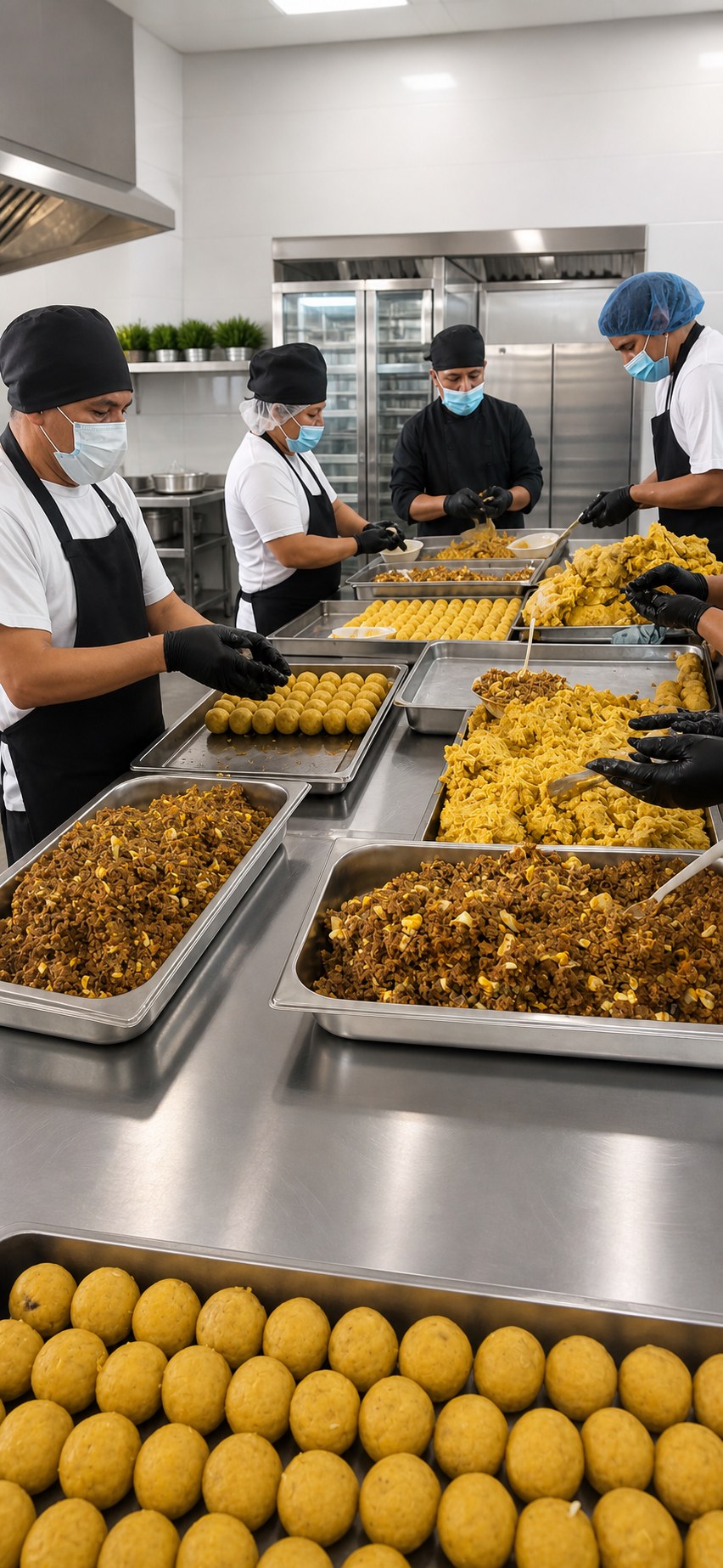 Equipo de cocina preparando alimentos en cocina profesional